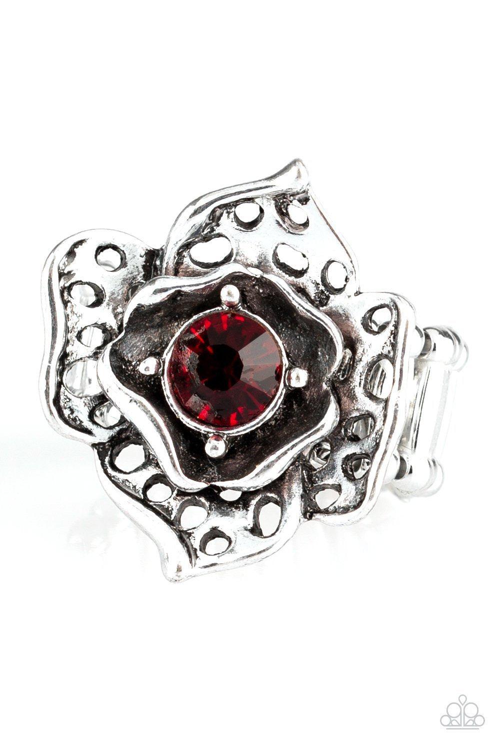 Glowing Gardens Red Rhinestone and Silver Flower Ring - Paparazzi Accessories- lightbox - CarasShop.com - Paparazzi Jewelry by Cara Jewels