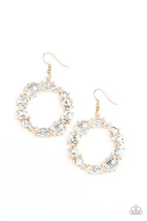 GLOWING In Circles Gold and White Rhinestone Earrings - Paparazzi Accessories- lightbox - CarasShop.com - Paparazzi Jewelry by Cara Jewels