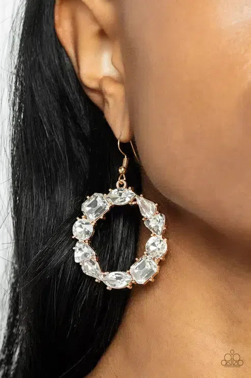 GLOWING In Circles Gold and White Rhinestone Earrings - Paparazzi Accessories- on model - CarasShop.com - Paparazzi Jewelry by Cara Jewels