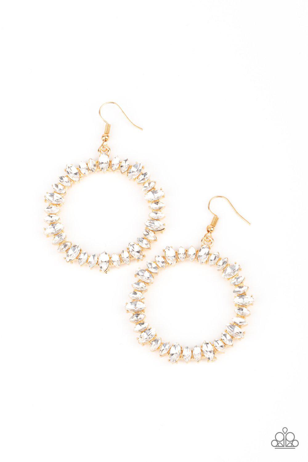 Glowing Reviews Gold and White Rhinestone Earrings - Paparazzi Accessories- lightbox - CarasShop.com - Paparazzi Jewelry by Cara Jewels