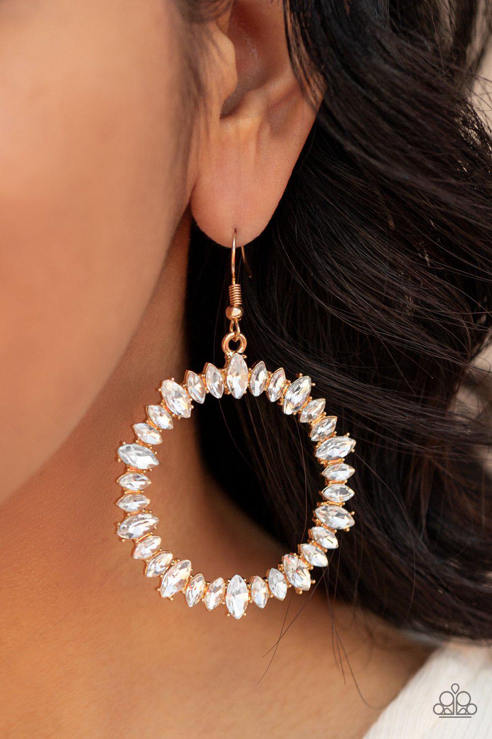 Glowing Reviews Gold and White Rhinestone Earrings - Paparazzi Accessories- on model - CarasShop.com - Paparazzi Jewelry by Cara Jewels
