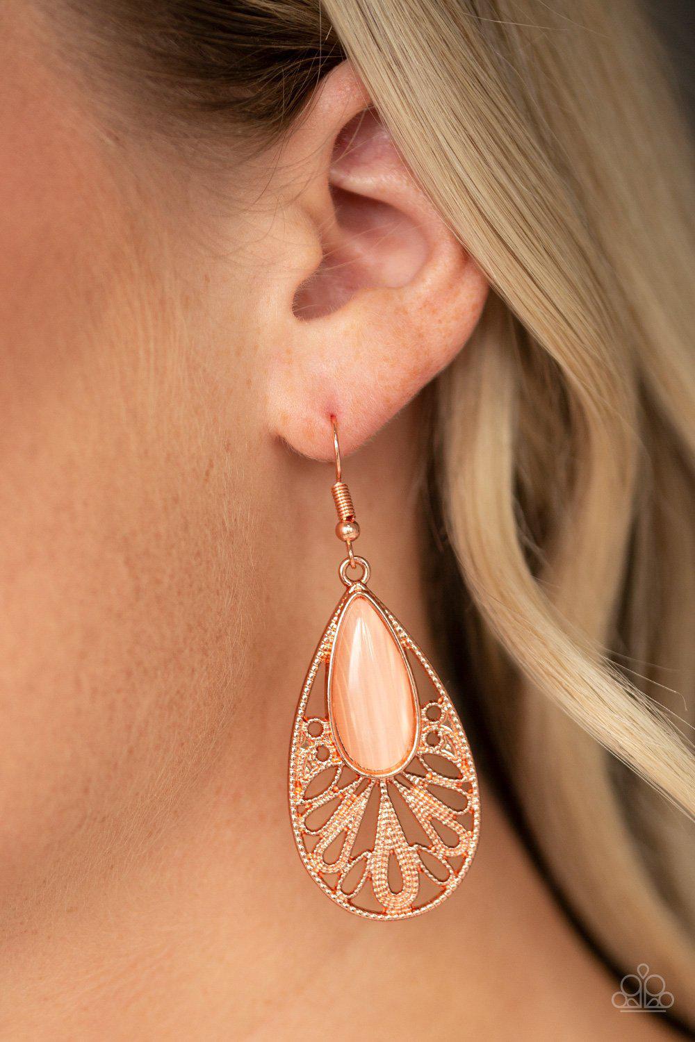 Glowing Tranquility Copper Cat's Eye Stone Teardrop Earrings - Paparazzi Accessories- lightbox - CarasShop.com - Paparazzi Jewelry by Cara Jewels