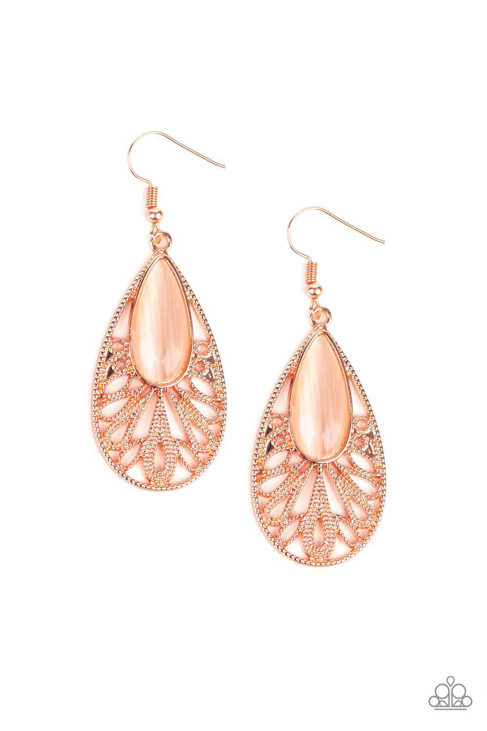 Glowing Tranquility Copper Cat's Eye Stone Teardrop Earrings - Paparazzi Accessories- on model - CarasShop.com - Paparazzi Jewelry by Cara Jewels