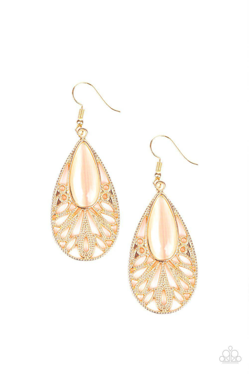 Glowing Tranquility Gold Earrings - Paparazzi Accessories- on model - CarasShop.com - Paparazzi Jewelry by Cara Jewels