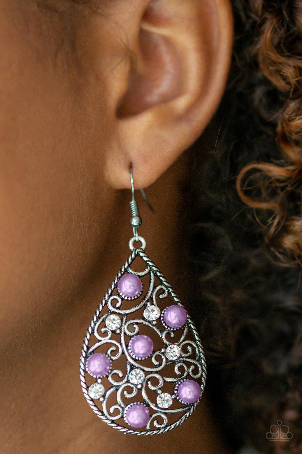 Glowing Vineyards Purple Earrings - Paparazzi Accessories- on model - CarasShop.com - Paparazzi Jewelry by Cara Jewels