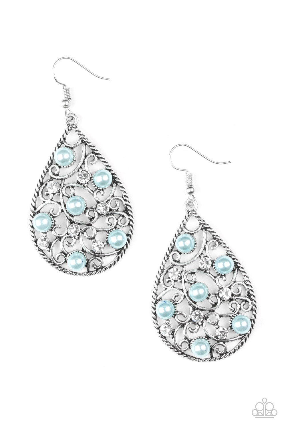 Glowing Vineyards Silver and Blue Pearl Earrings - Paparazzi Accessories- on model - CarasShop.com - Paparazzi Jewelry by Cara Jewels