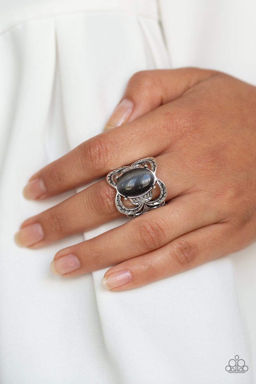 Go For Glow Black Moonstone Ring - Paparazzi Accessories- on model - CarasShop.com - Paparazzi Jewelry by Cara Jewels