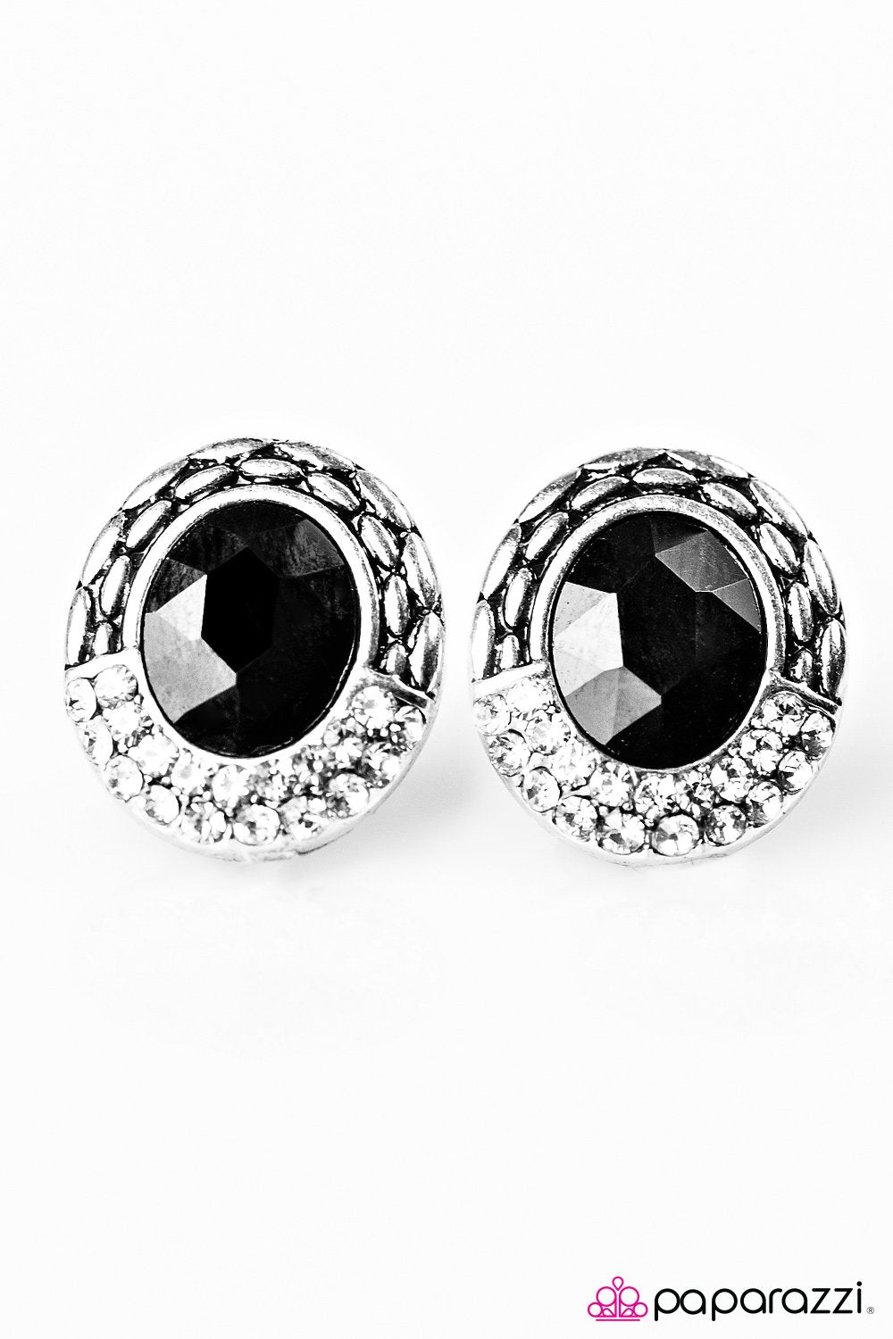 Go Go Glitter Black Post Earrings - Paparazzi Accessories- on model - CarasShop.com - Paparazzi Jewelry by Cara Jewels