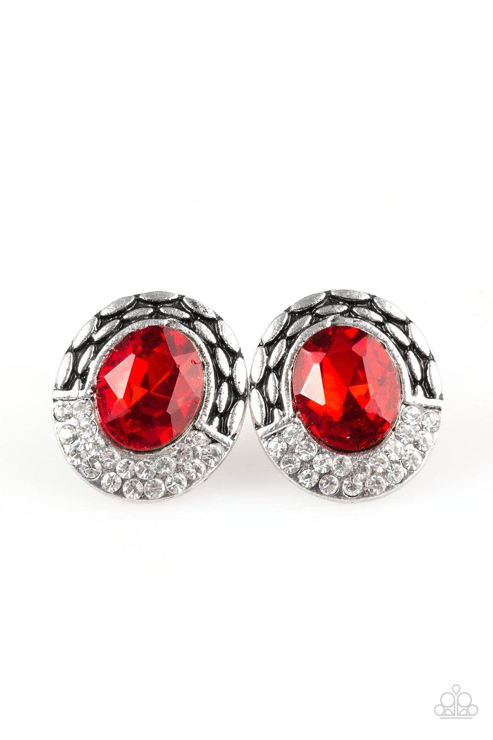 Go Go Glitter Red Post Earrings - Paparazzi Accessories- on model - CarasShop.com - Paparazzi Jewelry by Cara Jewels