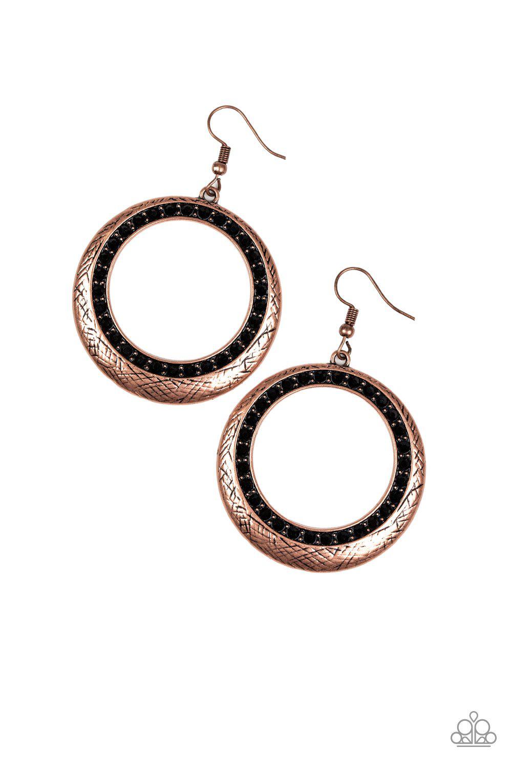 Go Go Glow Copper and Black Gem Earrings - Paparazzi Accessories- on model - CarasShop.com - Paparazzi Jewelry by Cara Jewels