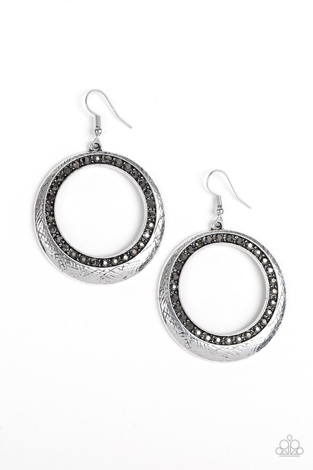 Go Go Glow Silver and Hematite Earrings - Paparazzi Accessories- on model - CarasShop.com - Paparazzi Jewelry by Cara Jewels