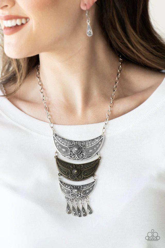 Go STEER-Crazy Multi Silver & Brass Necklace - Paparazzi Accessories- on model - CarasShop.com - Paparazzi Jewelry by Cara Jewels