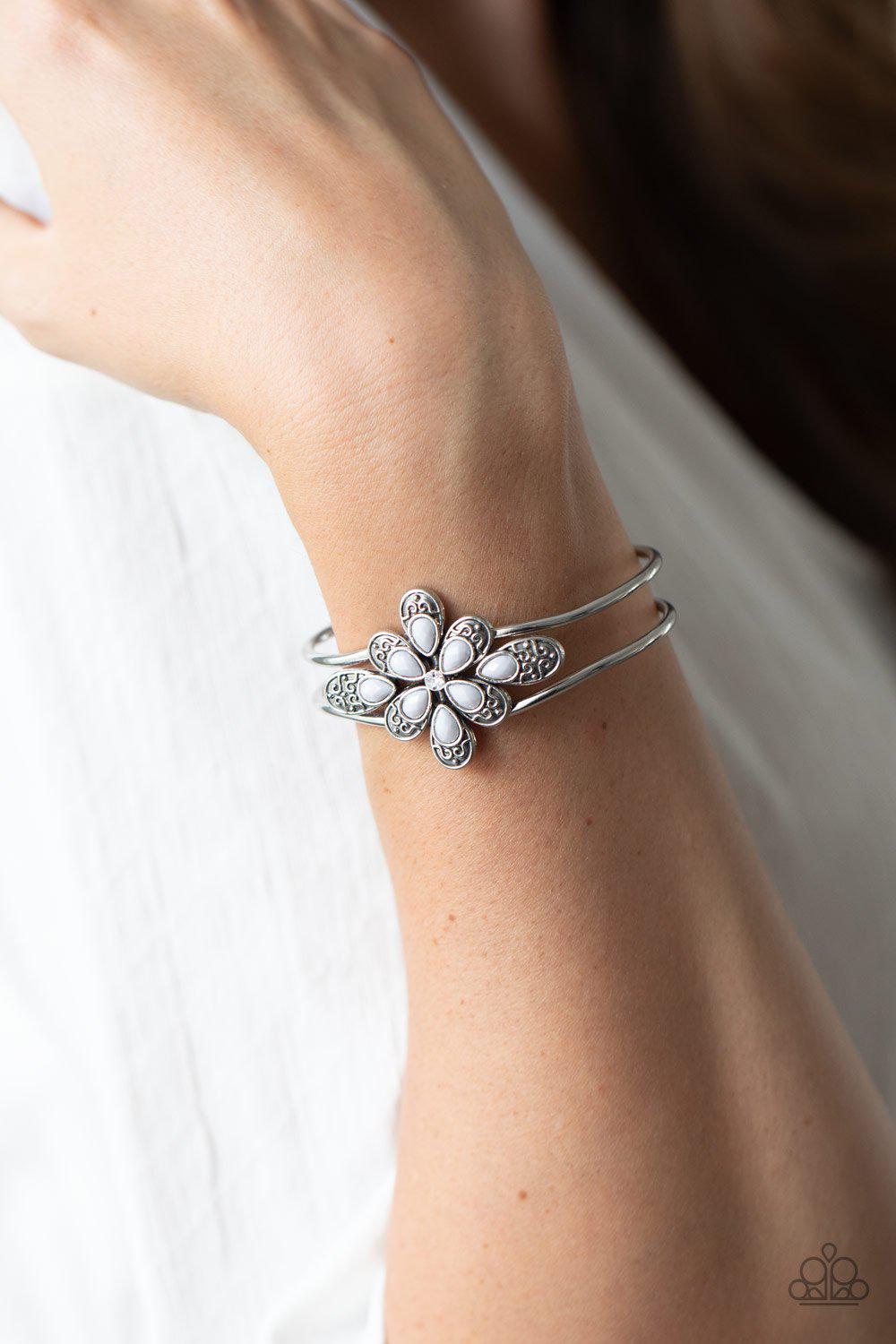 Go With The FLORALS Silver Flower Bracelet - Paparazzi Accessories- lightbox - CarasShop.com - Paparazzi Jewelry by Cara Jewels