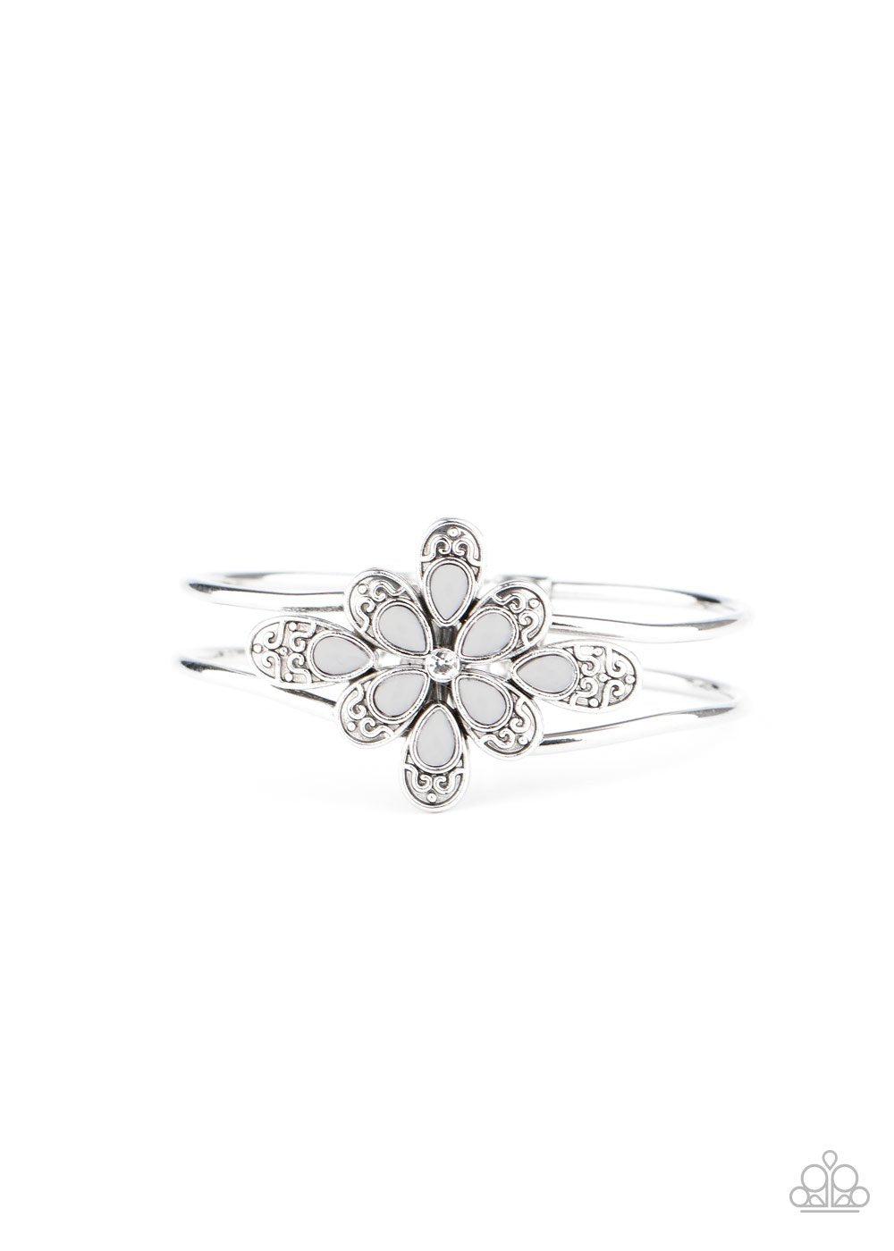 Go With The FLORALS Silver Flower Bracelet - Paparazzi Accessories- on model - CarasShop.com - Paparazzi Jewelry by Cara Jewels