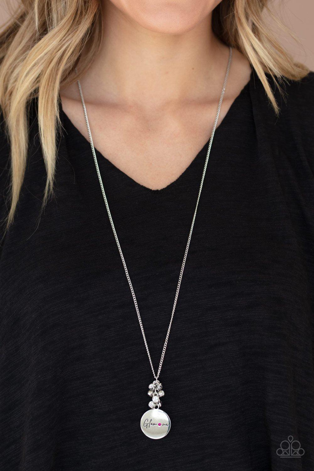 Going For GLAM-ma Pink and Silver Necklace - Paparazzi Accessories- on model - CarasShop.com - Paparazzi Jewelry by Cara Jewels