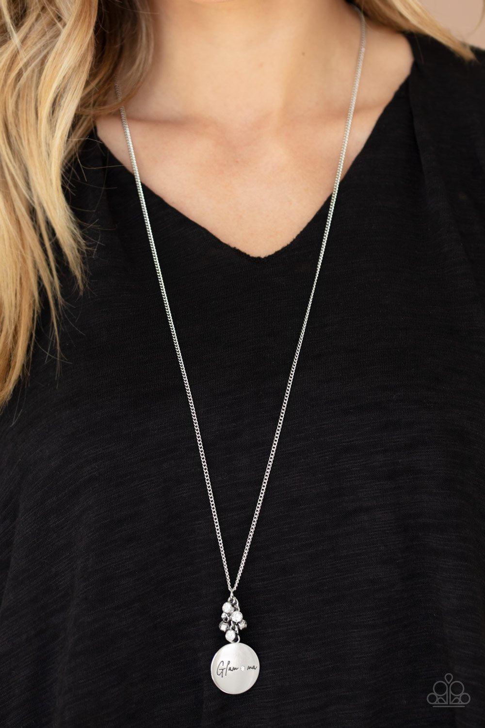 Going For GLAM-ma White and Silver Necklace - Paparazzi Accessories- on model - CarasShop.com - Paparazzi Jewelry by Cara Jewels