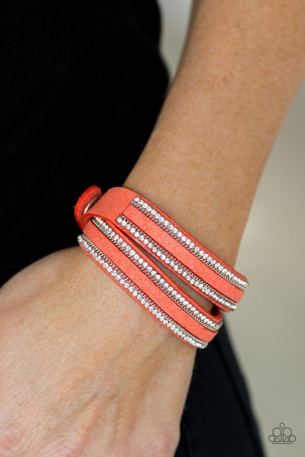 Going for Glam Orange Urban Double Wrap Snap Bracelet - Paparazzi Accessories- on model - CarasShop.com - Paparazzi Jewelry by Cara Jewels