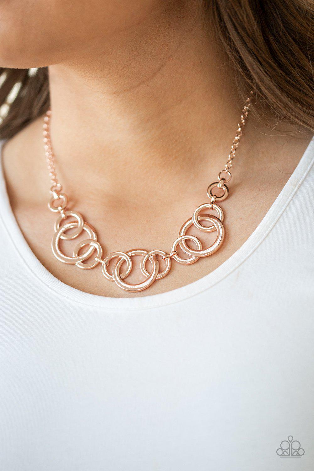 Going In Circles Rose Gold Necklace - Paparazzi Accessories- lightbox - CarasShop.com - Paparazzi Jewelry by Cara Jewels