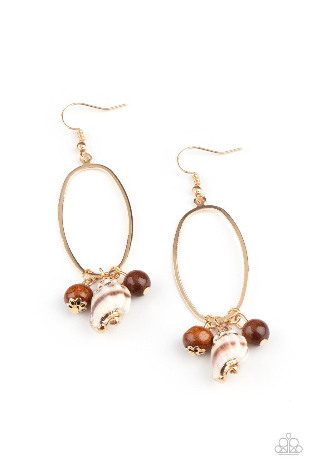 Golden Grotto Brown and Gold Shell Earrings - Paparazzi Accessories- on model - CarasShop.com - Paparazzi Jewelry by Cara Jewels