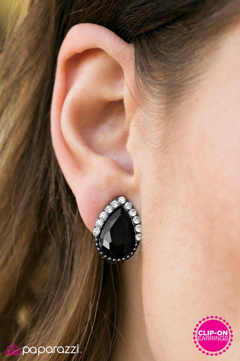 Goodnight Kiss Black and White Rhinestone Clip-on Earrings - Paparazzi Accessories- on model - CarasShop.com - Paparazzi Jewelry by Cara Jewels
