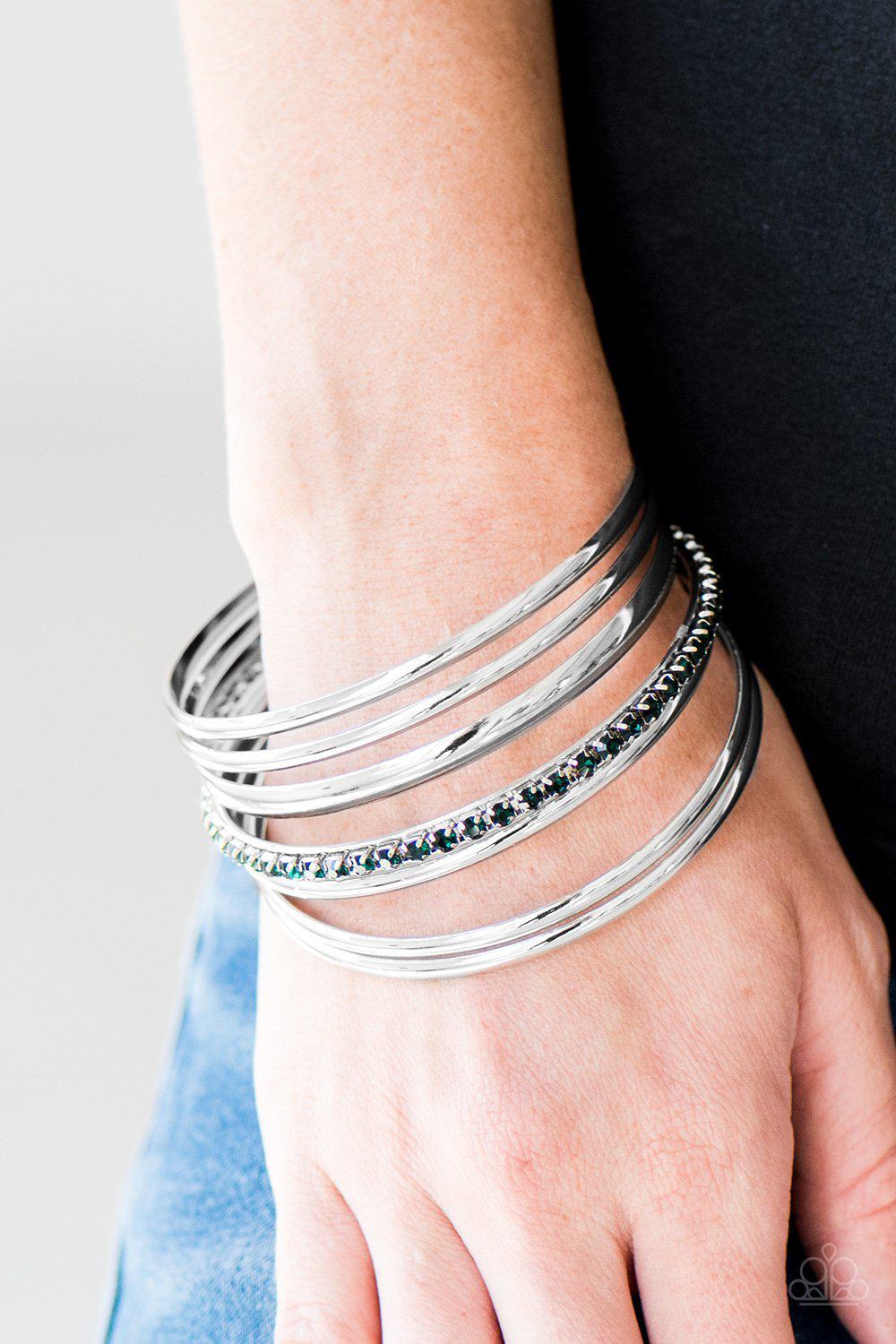 Gorgeous In Glitter Silver and Green Rhinestone Bangle Bracelet Set - Paparazzi Accessories- lightbox - CarasShop.com - Paparazzi Jewelry by Cara Jewels