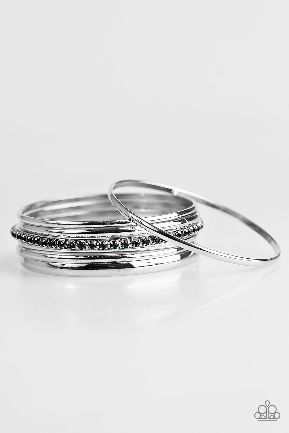 Gorgeous In Glitter Silver and Green Rhinestone Bangle Bracelet Set - Paparazzi Accessories- on model - CarasShop.com - Paparazzi Jewelry by Cara Jewels