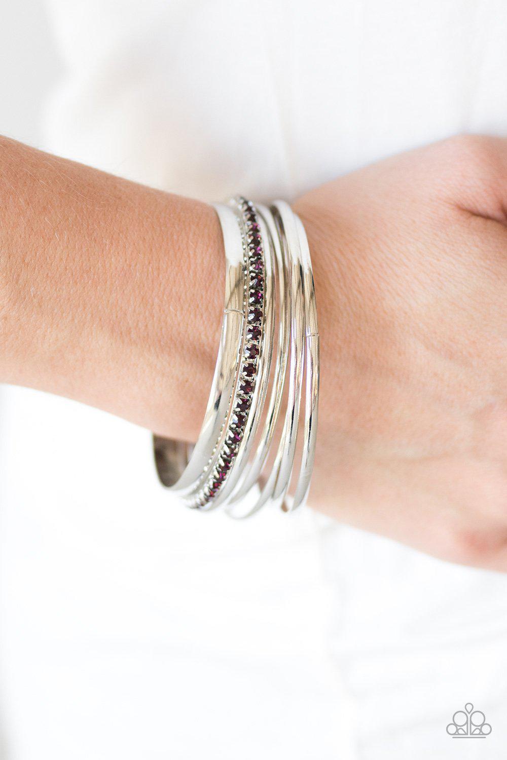 Gorgeous In Glitter Silver and Purple Rhinestone Bangle Bracelet Set - Paparazzi Accessories- lightbox - CarasShop.com - Paparazzi Jewelry by Cara Jewels