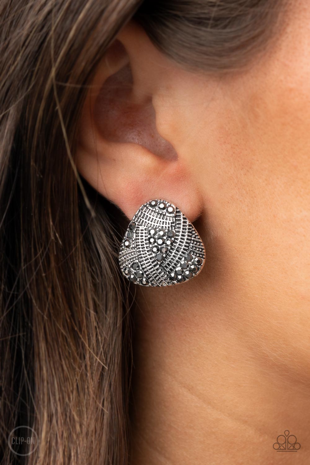 Gorgeously Galleria Silver Clip-on Earrings - Paparazzi Accessories- on model - CarasShop.com - Paparazzi Jewelry by Cara Jewels