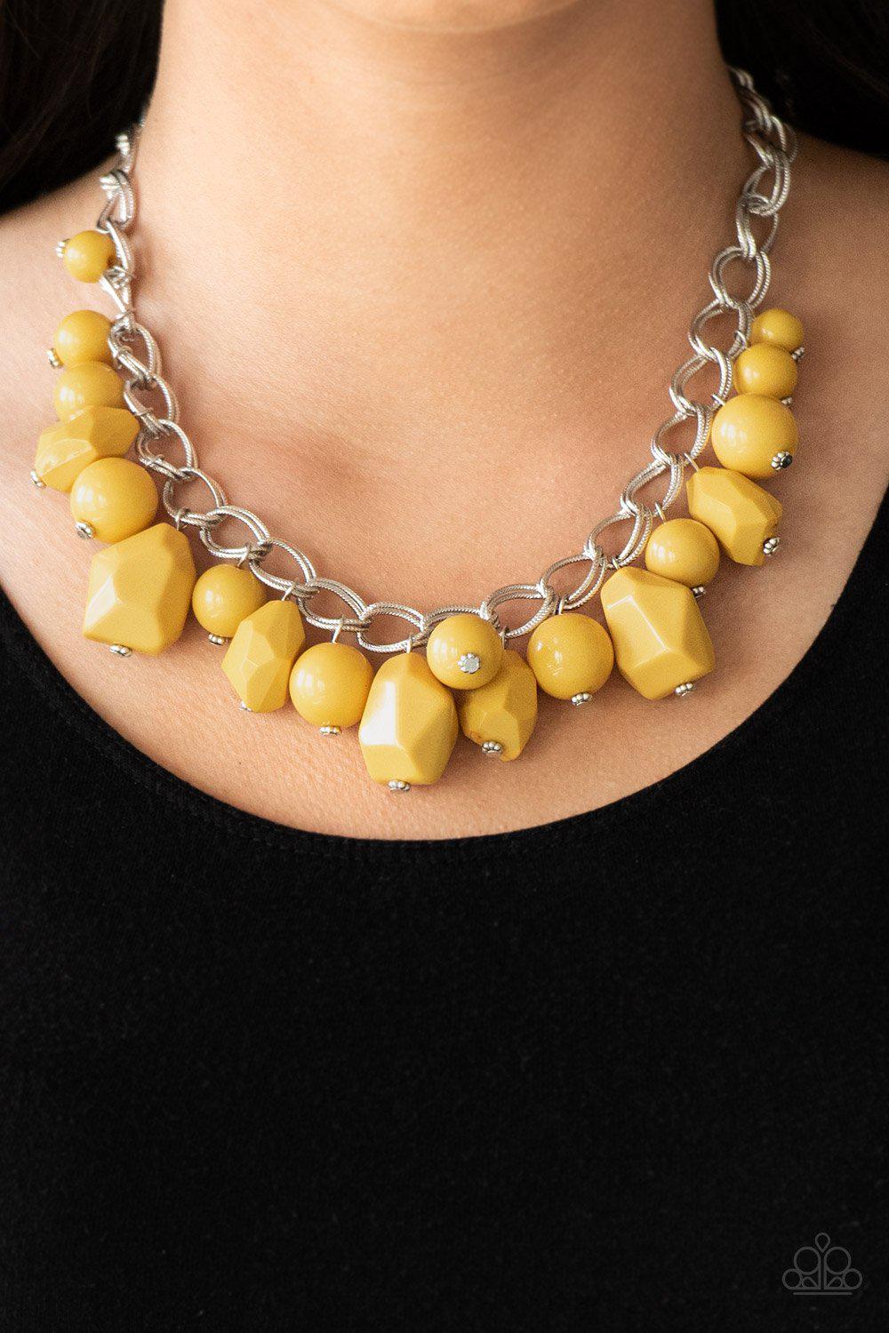 Gorgeously Globetrotter Yellow Necklace - Paparazzi Accessories- on model - CarasShop.com - Paparazzi Jewelry by Cara Jewels