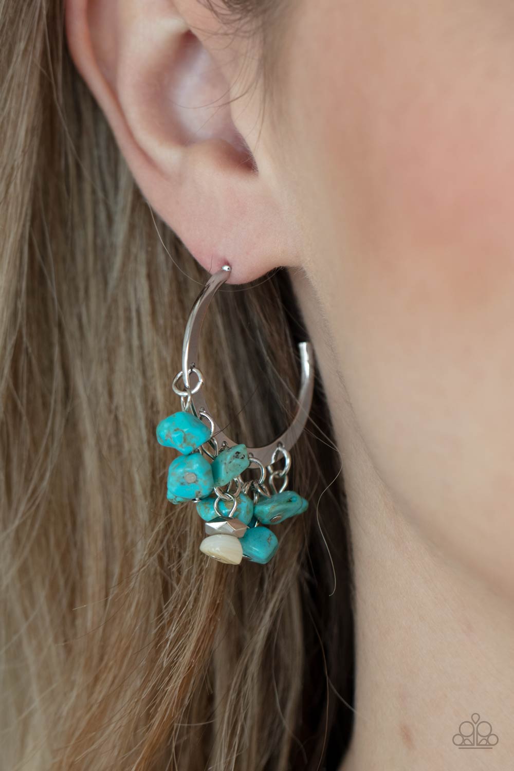 Gorgeously Grounding Turquoise Blue Pebble Hoop Earrings - Paparazzi Accessories- on model - CarasShop.com - Paparazzi Jewelry by Cara Jewels