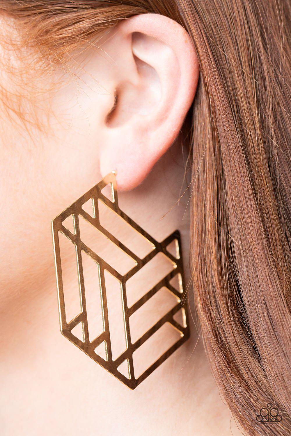 Gotta Get GEO-ing Gold Geometric Hoop Earrings - Paparazzi Accessories- lightbox - CarasShop.com - Paparazzi Jewelry by Cara Jewels