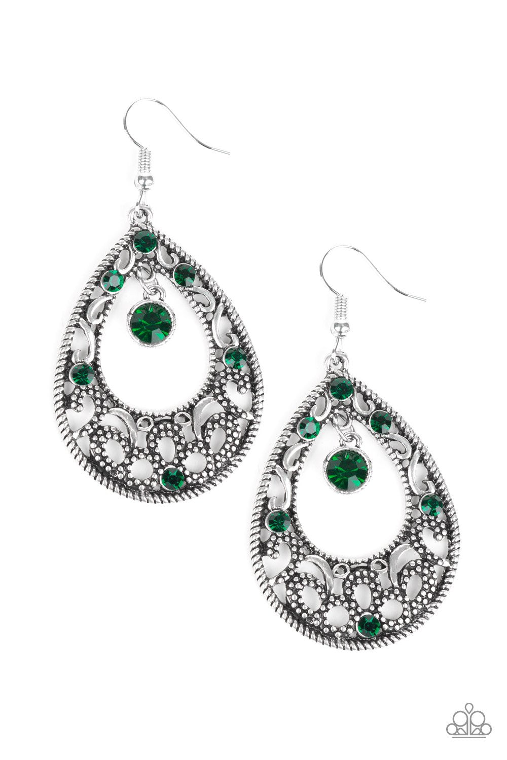 Gotta Get That Glow Green and Silver Earrings - Paparazzi Accessories- lightbox - CarasShop.com - Paparazzi Jewelry by Cara Jewels