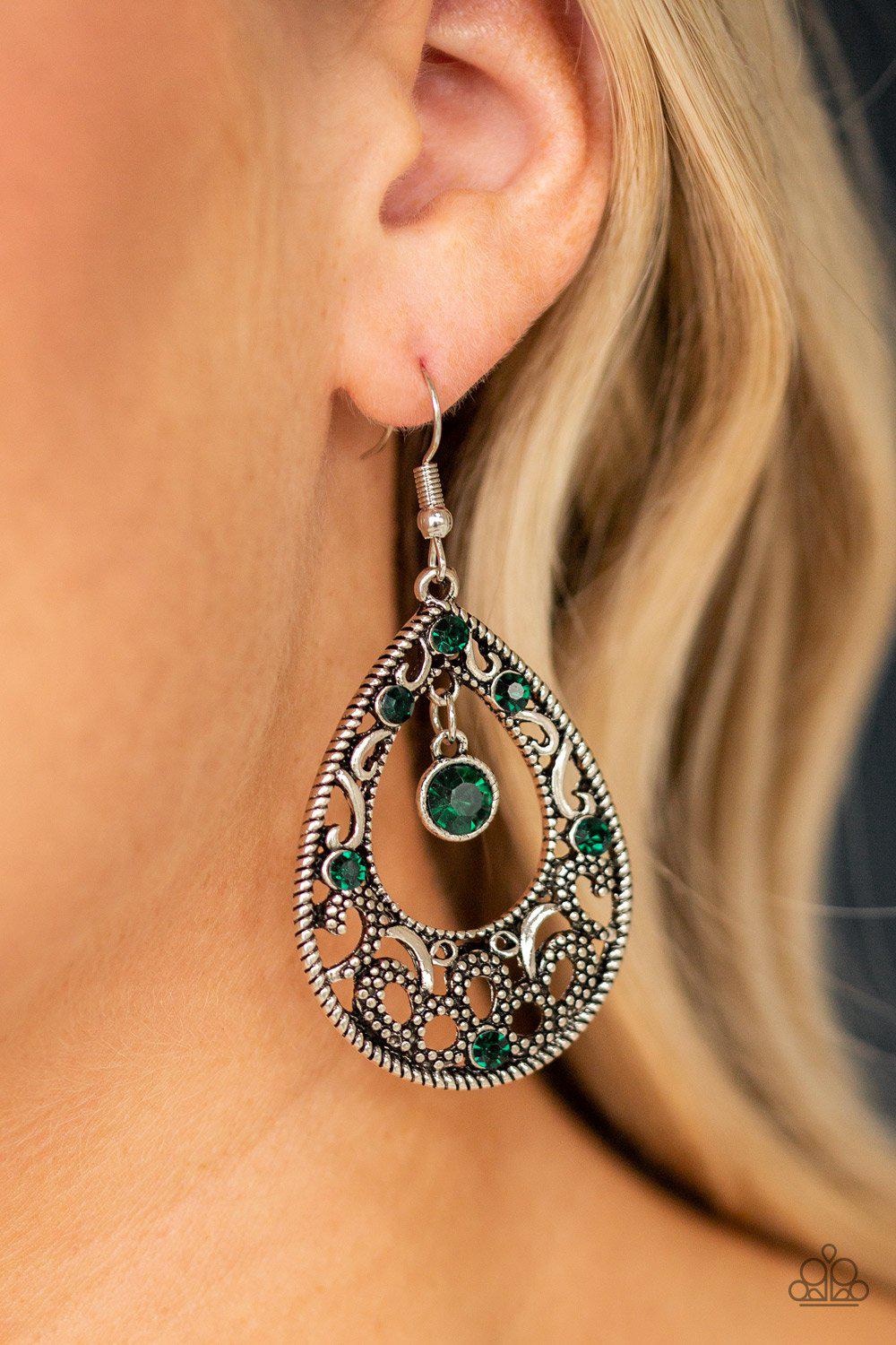 Gotta Get That Glow Green and Silver Earrings - Paparazzi Accessories- on model - CarasShop.com - Paparazzi Jewelry by Cara Jewels