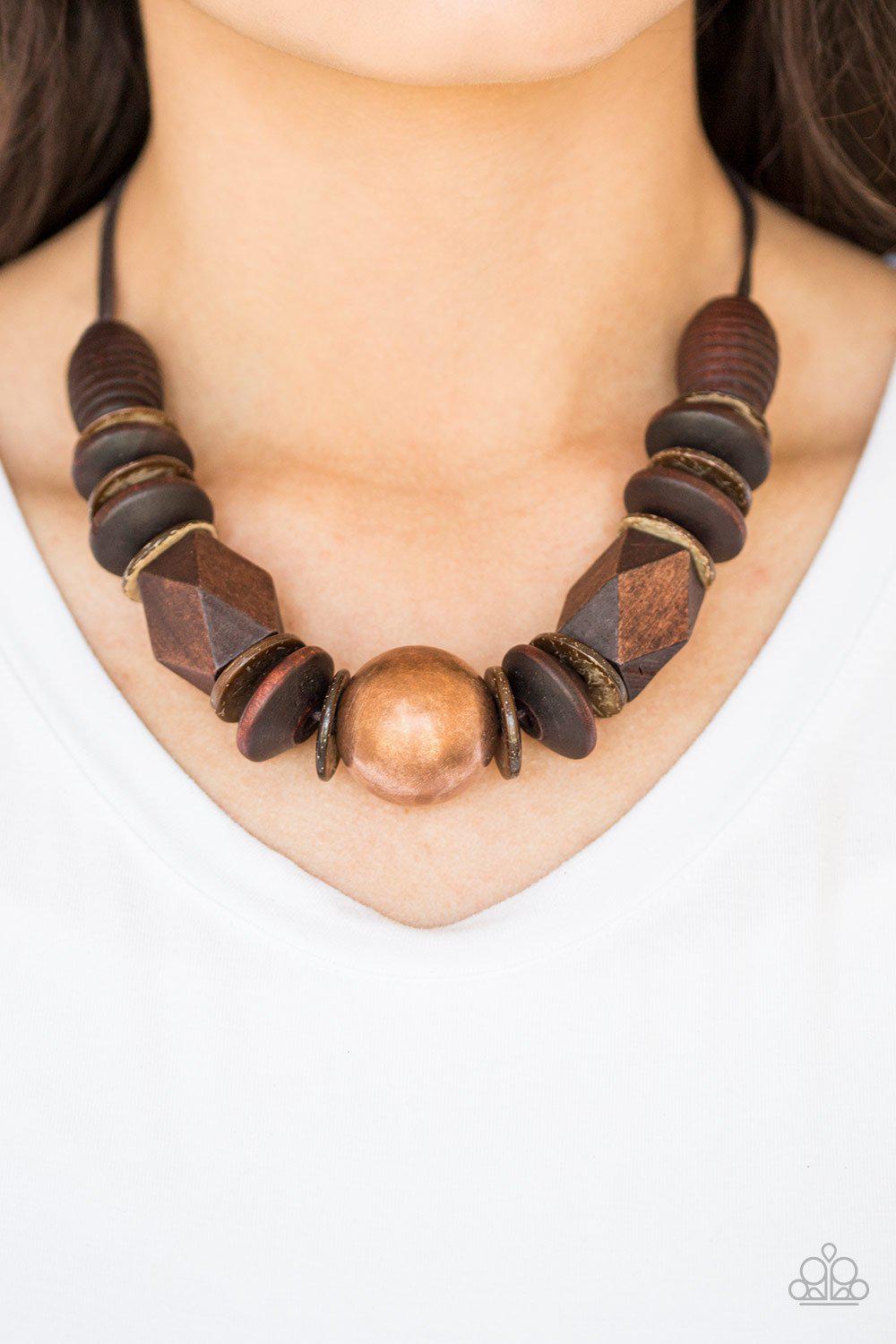 Grand Turks Getaway Copper and Brown Wood Necklace - Paparazzi Accessories- lightbox - CarasShop.com - Paparazzi Jewelry by Cara Jewels