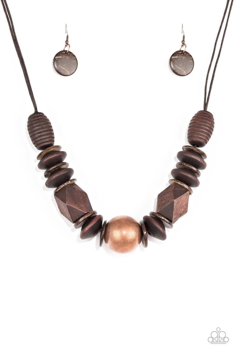 Grand Turks Getaway Copper and Brown Wood Necklace - Paparazzi Accessories- on model - CarasShop.com - Paparazzi Jewelry by Cara Jewels