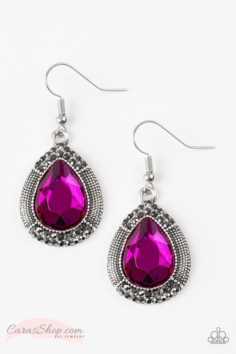 Grandmaster Shimmer Hot Pink Teardrop Gem Earrings - Paparazzi Accessories- lightbox - CarasShop.com - Paparazzi Jewelry by Cara Jewels