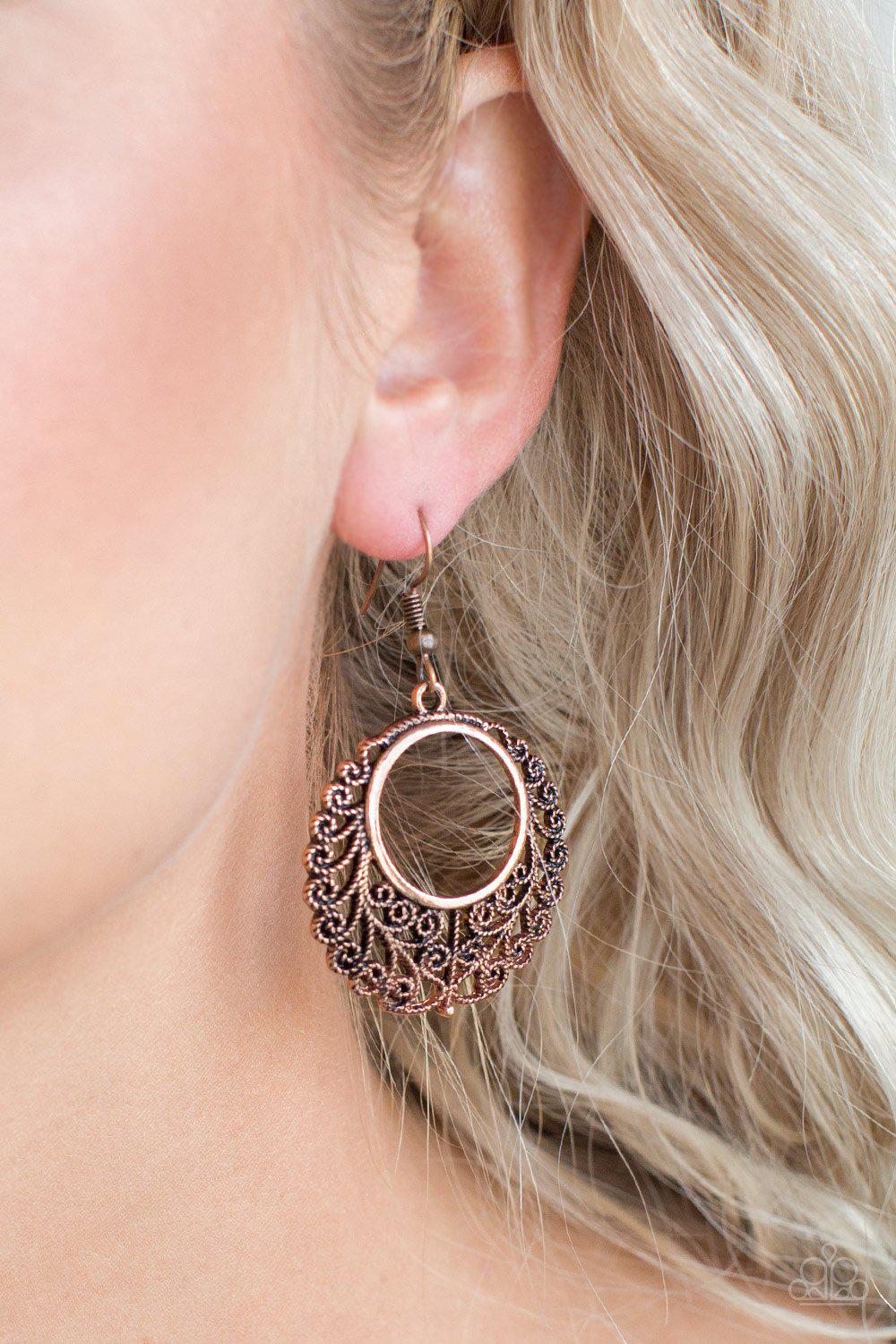 Grapevine Glamorous Copper Earrings - Paparazzi Accessories- lightbox - CarasShop.com - Paparazzi Jewelry by Cara Jewels