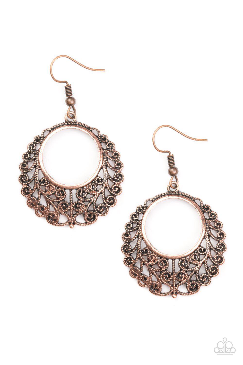 Grapevine Glamorous Copper Earrings - Paparazzi Accessories- on model - CarasShop.com - Paparazzi Jewelry by Cara Jewels