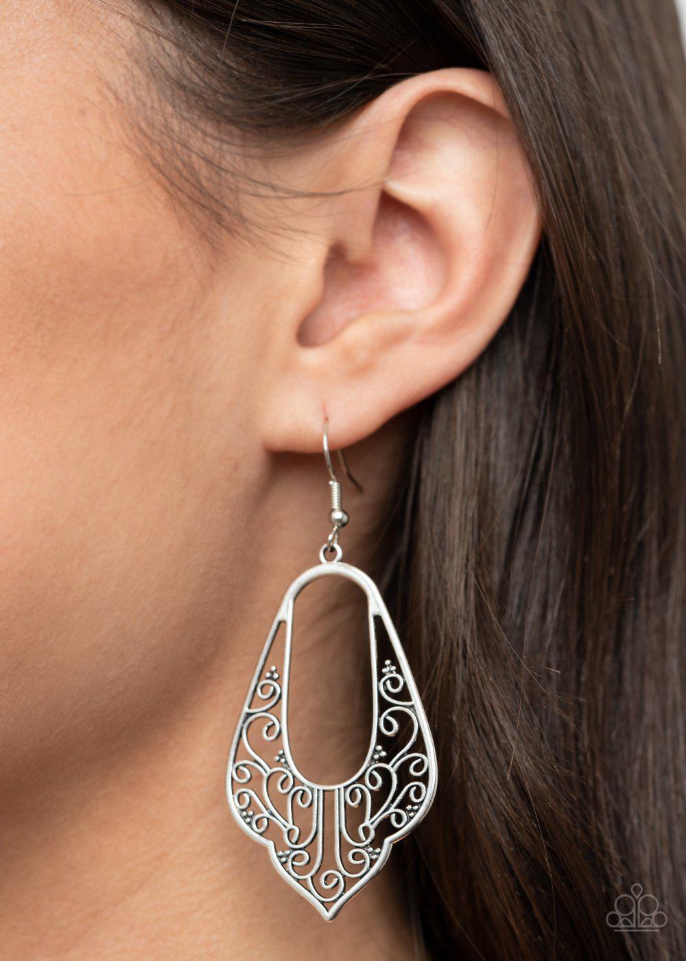 Grapevine Glamour Silver Earrings - Paparazzi Accessories- on model - CarasShop.com - Paparazzi Jewelry by Cara Jewels