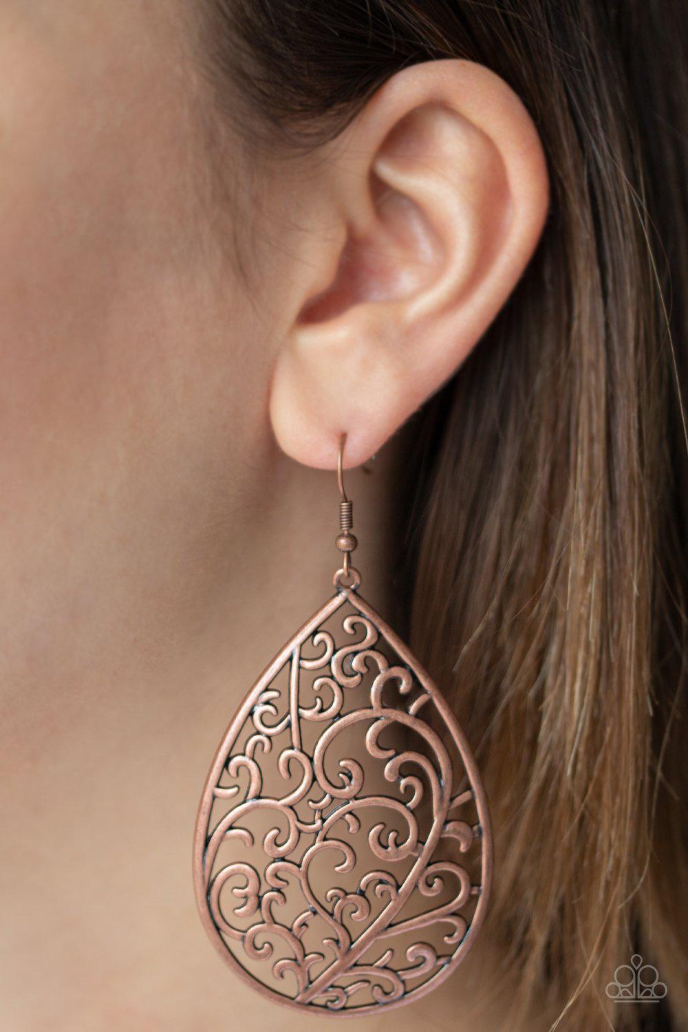 Grapevine Grandeur Copper Filigree Teardrop Earrings - Paparazzi Accessories- lightbox - CarasShop.com - Paparazzi Jewelry by Cara Jewels