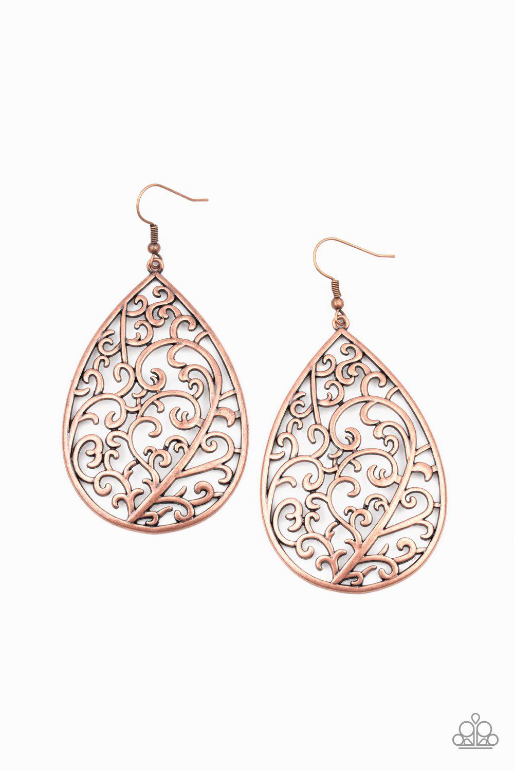 Grapevine Grandeur Copper Filigree Teardrop Earrings - Paparazzi Accessories- on model - CarasShop.com - Paparazzi Jewelry by Cara Jewels