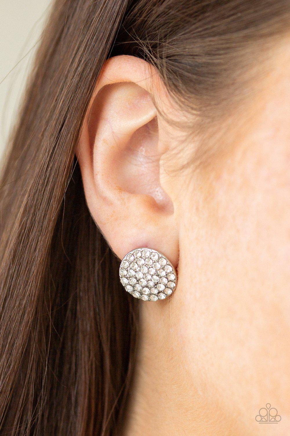 Greatest Of All Time White Rhinestone Post Earrings - Paparazzi Accessories- lightbox - CarasShop.com - Paparazzi Jewelry by Cara Jewels