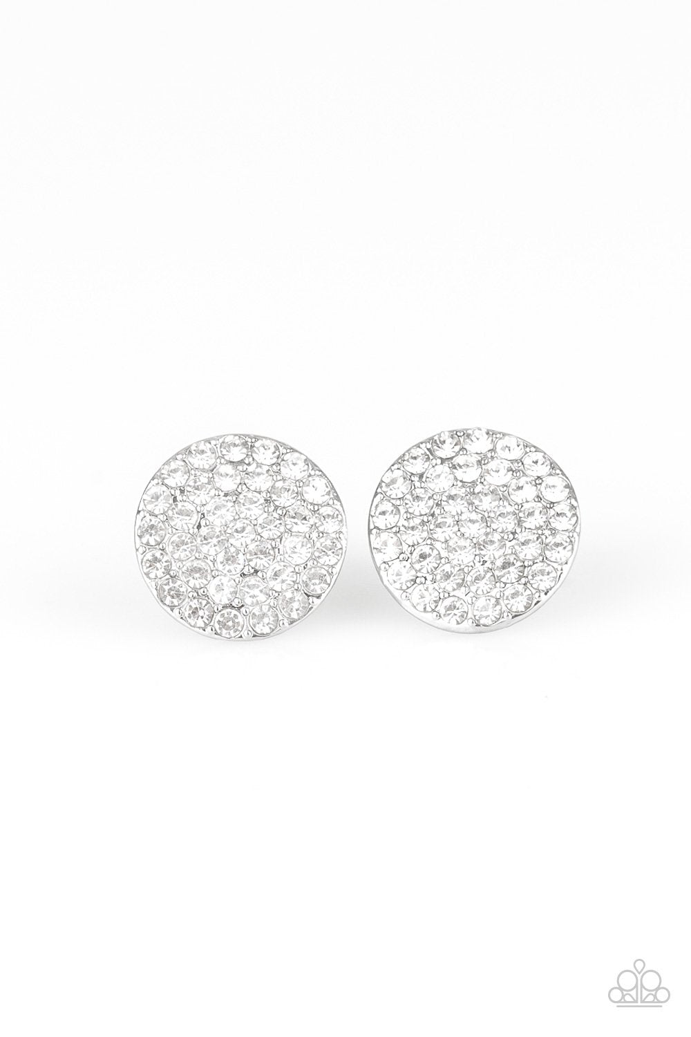 Greatest Of All Time White Rhinestone Post Earrings - Paparazzi Accessories- on model - CarasShop.com - Paparazzi Jewelry by Cara Jewels