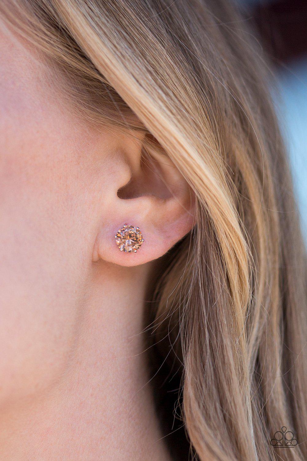 Greatest Treasure Brown Rhinestone Post Earrings - Paparazzi Accessories- lightbox - CarasShop.com - Paparazzi Jewelry by Cara Jewels