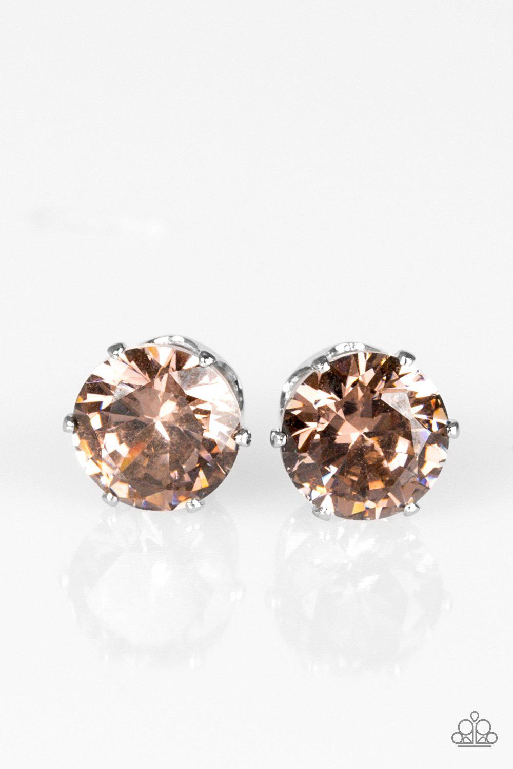 Greatest Treasure Brown Rhinestone Post Earrings - Paparazzi Accessories- on model - CarasShop.com - Paparazzi Jewelry by Cara Jewels