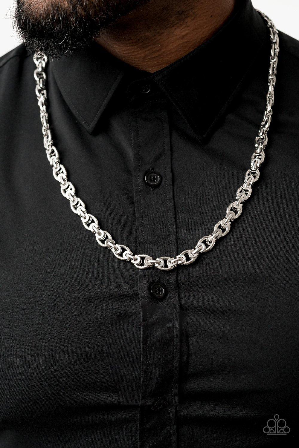 Grit and Gridiron Men's Silver Necklace - Paparazzi Accessories- on model - CarasShop.com - Paparazzi Jewelry by Cara Jewels