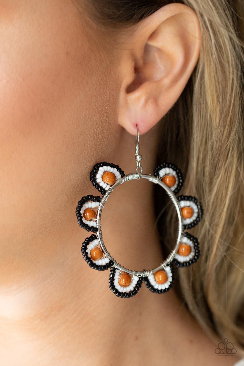 Groovy Gardens Brown Seed Bead Flower Earrings - Paparazzi Accessories- on model - CarasShop.com - Paparazzi Jewelry by Cara Jewels