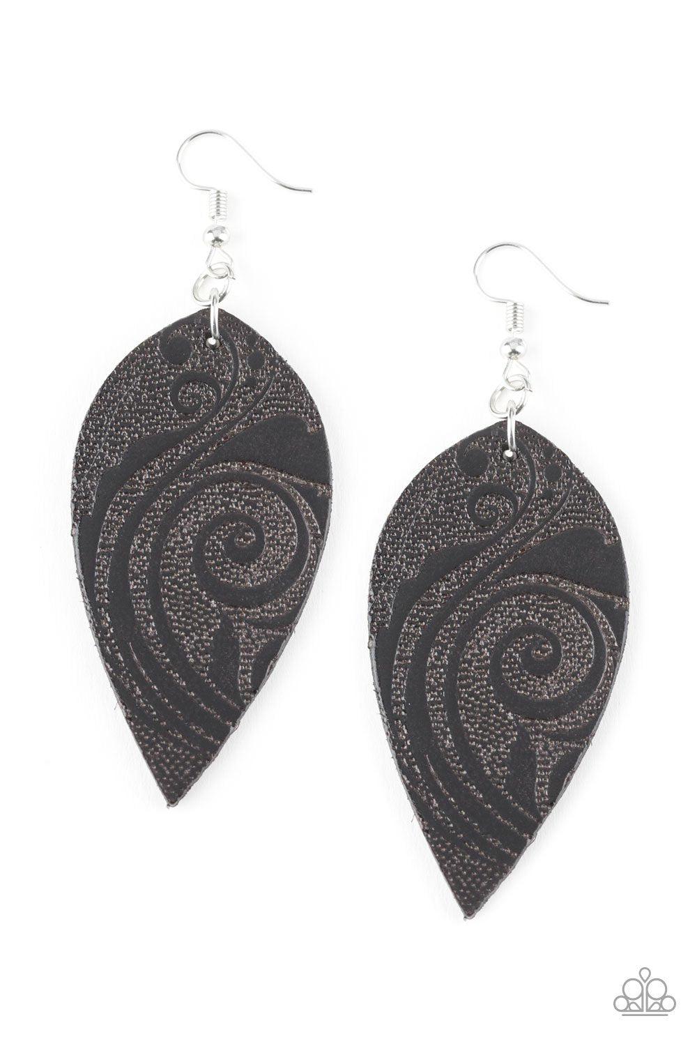 Groovy Grove Black Leather Earrings - Paparazzi Accessories- lightbox - CarasShop.com - Paparazzi Jewelry by Cara Jewels