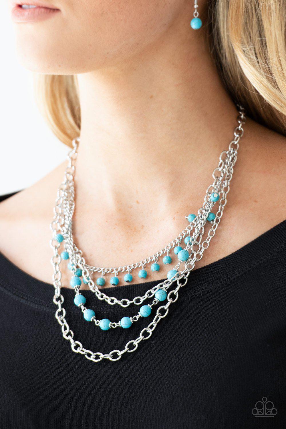 Ground Forces Turquoise Blue Stone and Silver Chain Necklace - Paparazzi Accessories- on model - CarasShop.com - Paparazzi Jewelry by Cara Jewels