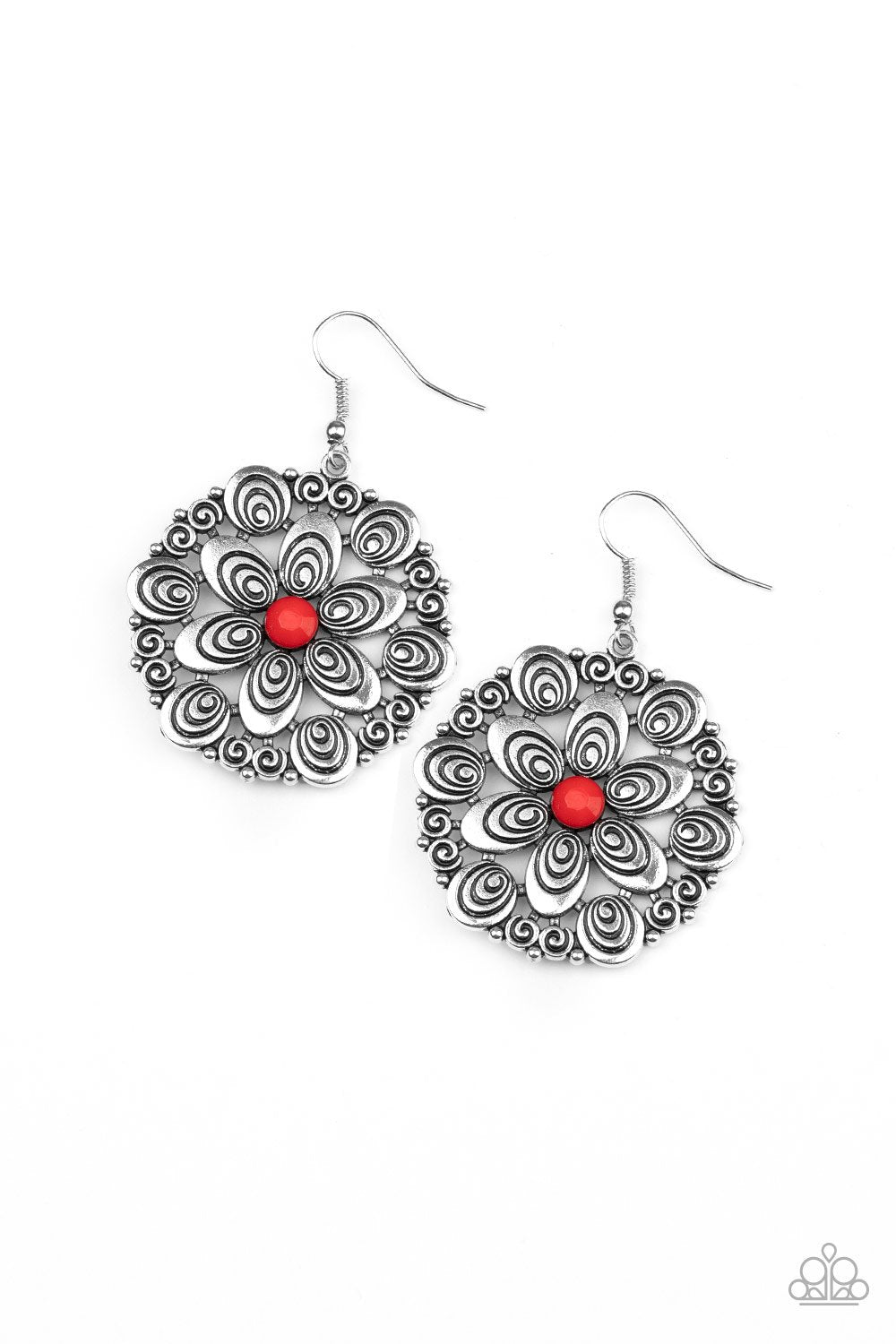 Grove Groove Red and Silver Flower Earrings - Paparazzi Accessories- lightbox - CarasShop.com - Paparazzi Jewelry by Cara Jewels